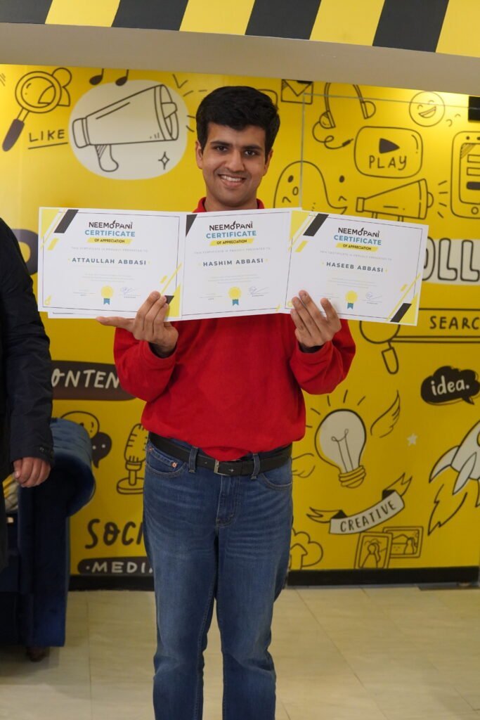 Haseeb with the certificates Neemopani presented him.