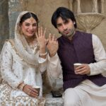 Esra Ayesha and Zayb Khan nikah pictures in white and gold outfits