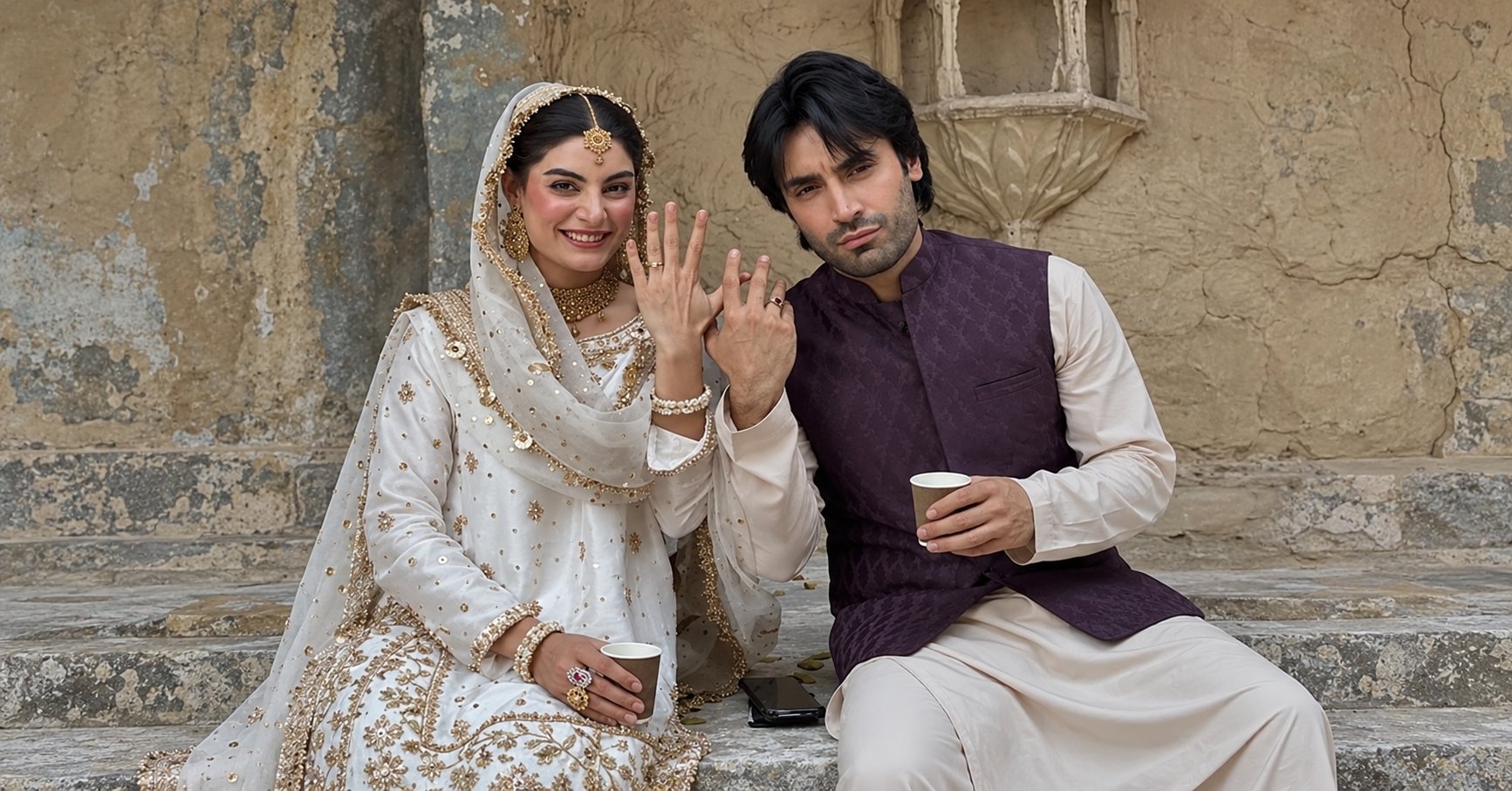 Esra Ayesha and Zayb Khan nikah pictures in white and gold outfits