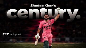 Shadab Khan celebrates his maiden ODI century, 113 not out vs England in Lahore
