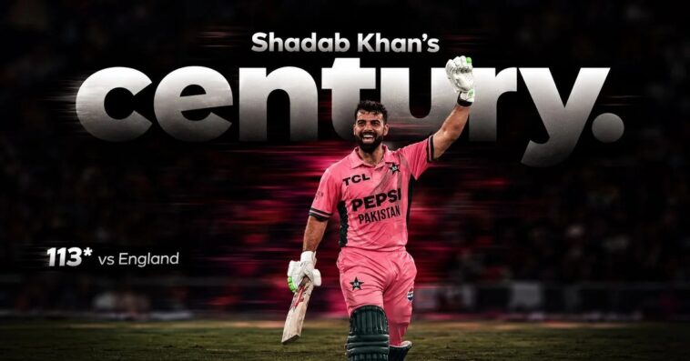 Shadab Khan celebrates his maiden ODI century, 113 not out vs England in Lahore